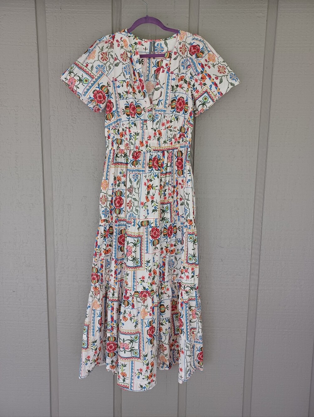 Anthropologie Somerset Maxi Dress Size M Tiered Short Sleeve In Ivory Tile Print